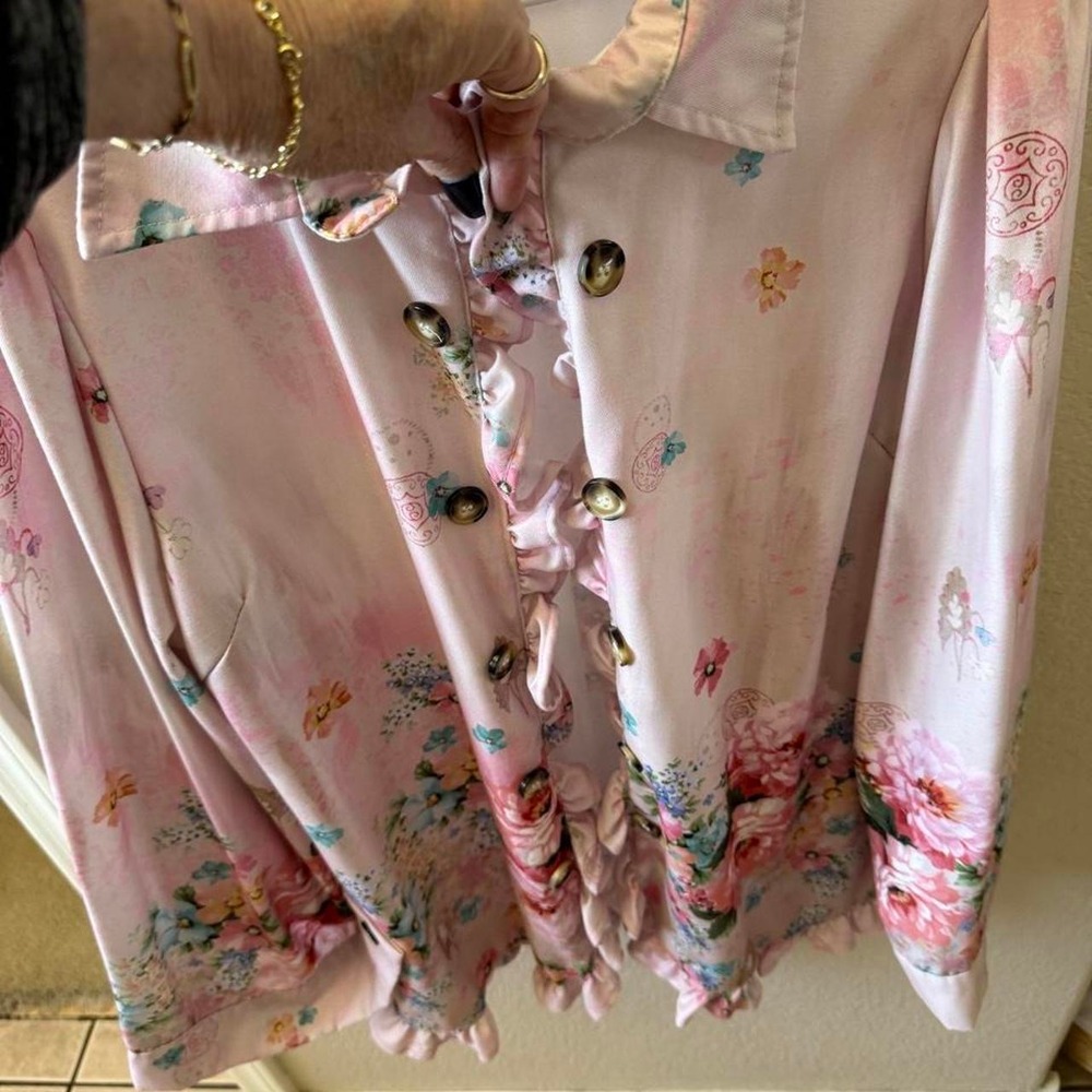 Pink Floral Ruffle Trim Button Front Jacket Long Sleeve Blouse Butterfly Print